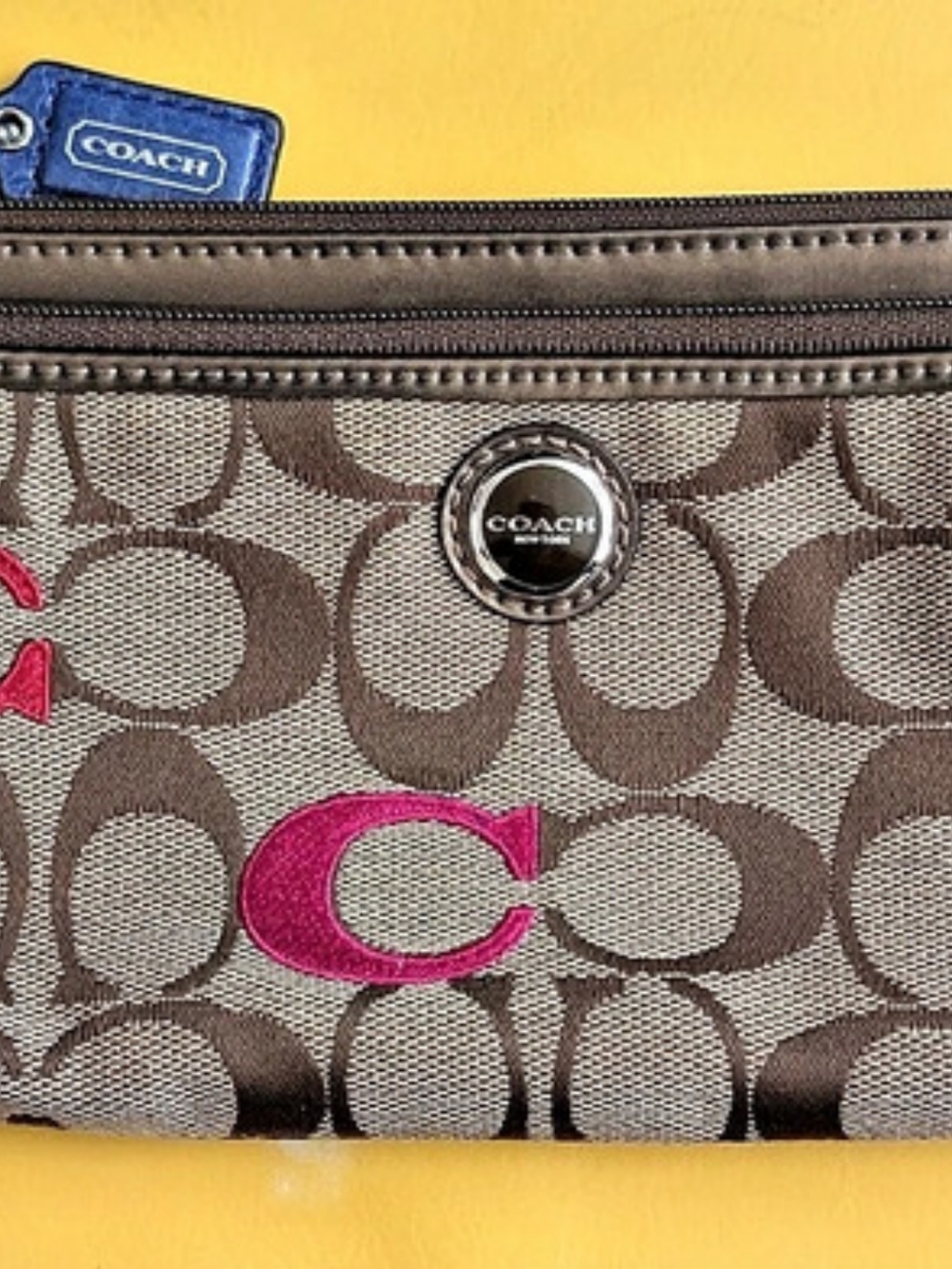 Coach Poppy Signature Pop C Graffiti Double Zip Wristlet Brown & Pink